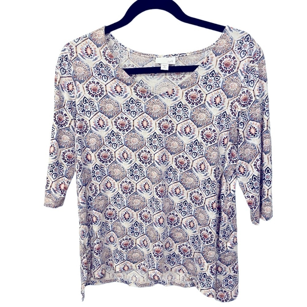 J. Jill White Cotton Spring Print Tee Size Petite Medium Geometric Floral Print